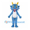Blue Dragon Mascot Costume with Yellow Horns and White Belly