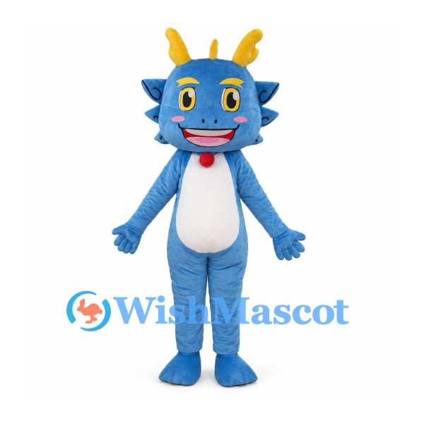 Blue Dragon Mascot Costume with Yellow Horns and White Belly