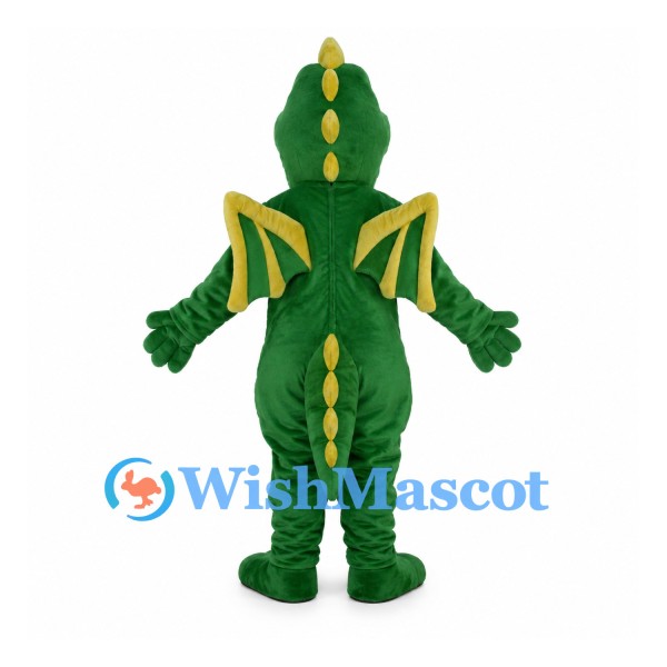 Green Dragon Mascot Costume with Yellow Belly and Small Bat Wings