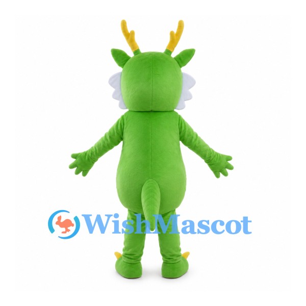 Green Dragon Mascot Costume with Yellow Antlers and White Cheeks