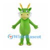 Green Dragon Mascot Costume with Yellow Antlers and White Cheeks