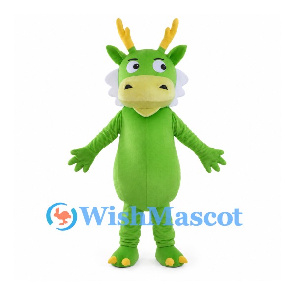 Green Dragon Mascot Costume with Yellow Antlers and White Cheeks