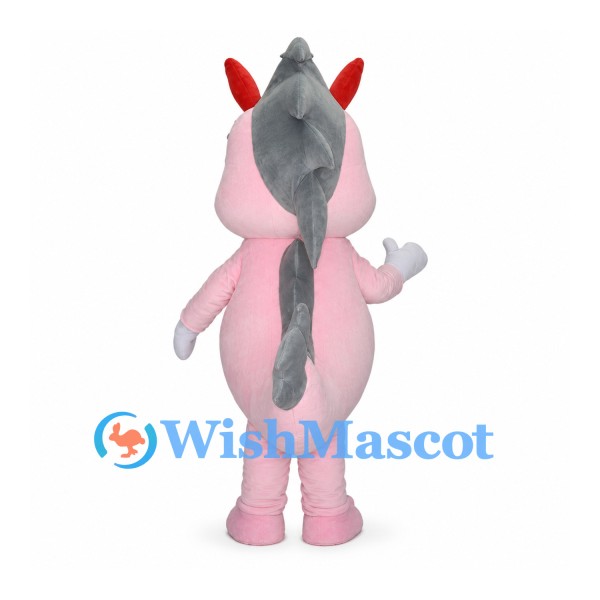 Pink Dragon Mascot Costume with Red Horns and Gray Back Spikes