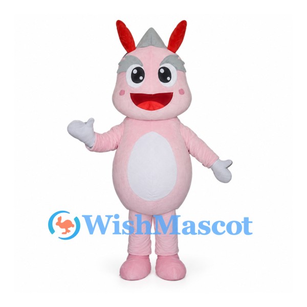 Pink Dragon Mascot Costume with Red Horns and Gray Back Spikes