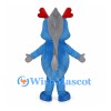 Blue Dragon Mascot Costume with Red Antlers and Gray Back Spikes