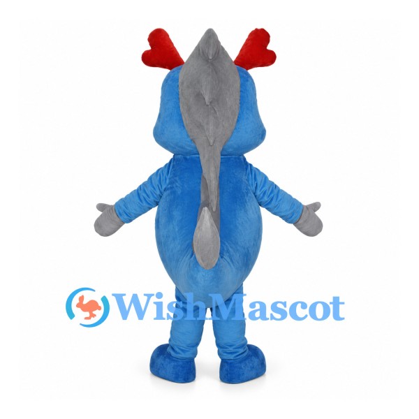 Blue Dragon Mascot Costume with Red Antlers and Gray Back Spikes