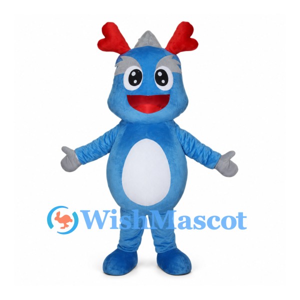 Blue Dragon Mascot Costume with Red Antlers and Gray Back Spikes