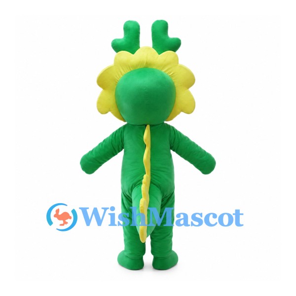 Green Dragon Mascot Costume with Yellow Frill and Green Antlers