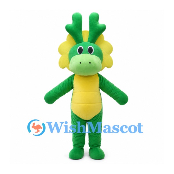 Green Dragon Mascot Costume with Yellow Frill and Green Antlers