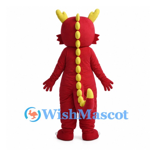 Red Dragon Mascot Costume with Yellow Horns Belly and Back Spikes