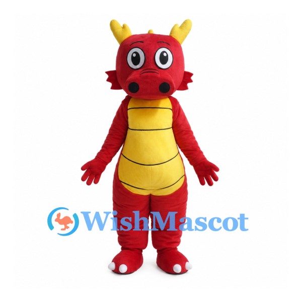Red Dragon Mascot Costume with Yellow Horns Belly and Back Spikes