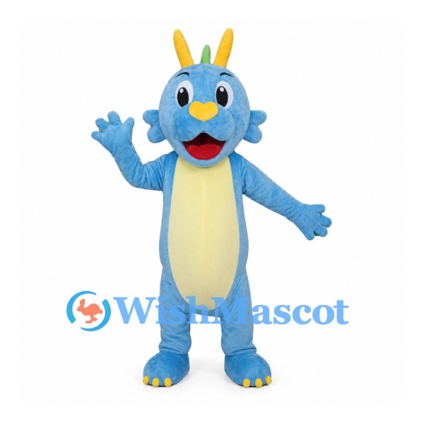 Light Blue Dragon Mascot Costume with Yellow Horns and Green Back Spikes