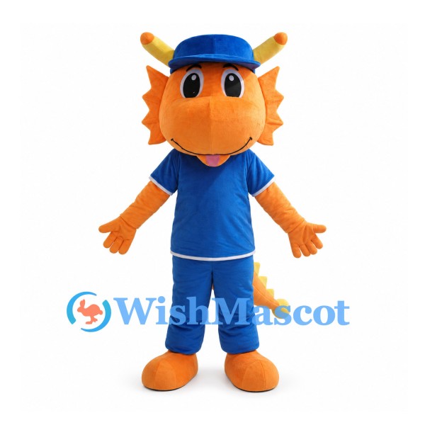 Orange Dragon Mascot Costume with Blue Cap and Sports Uniform