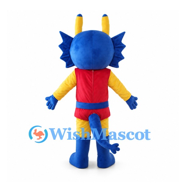 Blue Dragon Mascot Costume with Red Vest and Yellow Suit