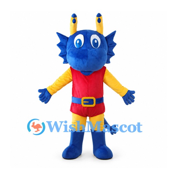 Blue Dragon Mascot Costume with Red Vest and Yellow Suit