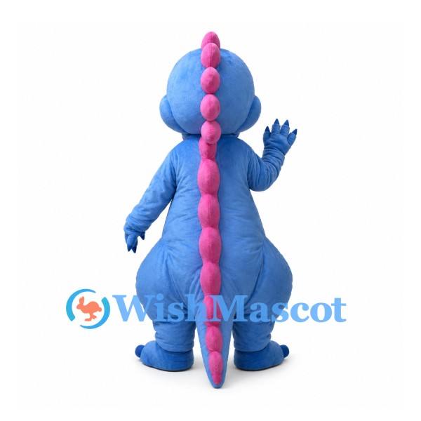 Blue Dinosaur Mascot Costume with White Belly and Pink Back Spikes