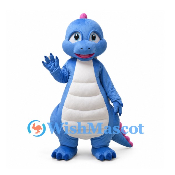 Blue Dinosaur Mascot Costume with White Belly and Pink Back Spikes
