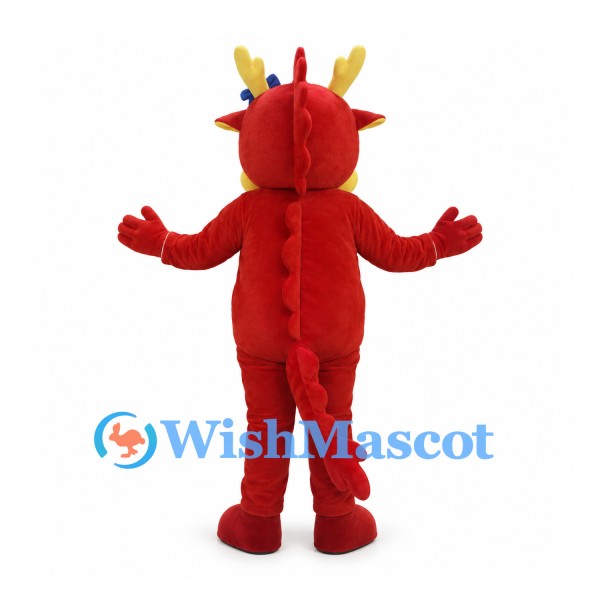 Red Dragon Mascot Costume with Yellow Belly and Antler Horns