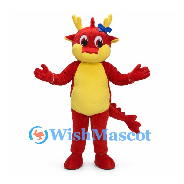 Red Dragon Mascot Costume with Yellow Belly and Antler Horns