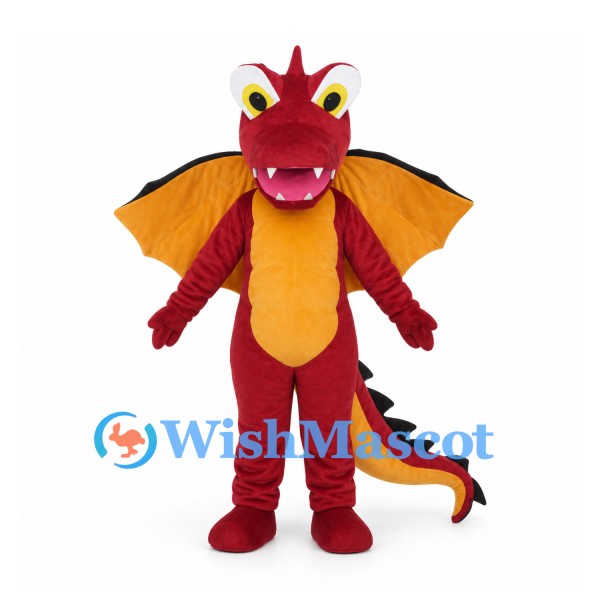 Red Dragon Mascot Costume with Black Wings and Yellow Belly