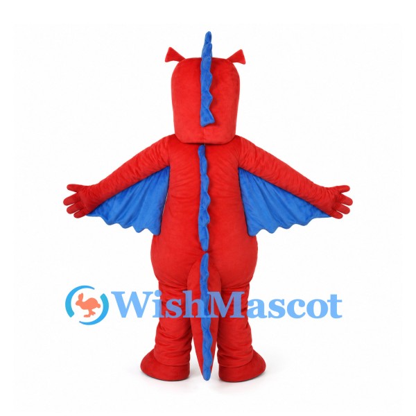 Red Dragon Mascot Costume with Blue Wing Cape and Yellow Belly