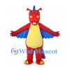Red Dragon Mascot Costume with Blue Wing Cape and Yellow Belly