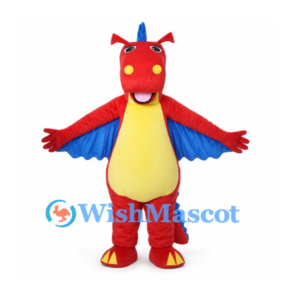 Red Dragon Mascot Costume with Blue Wing Cape and Yellow Belly