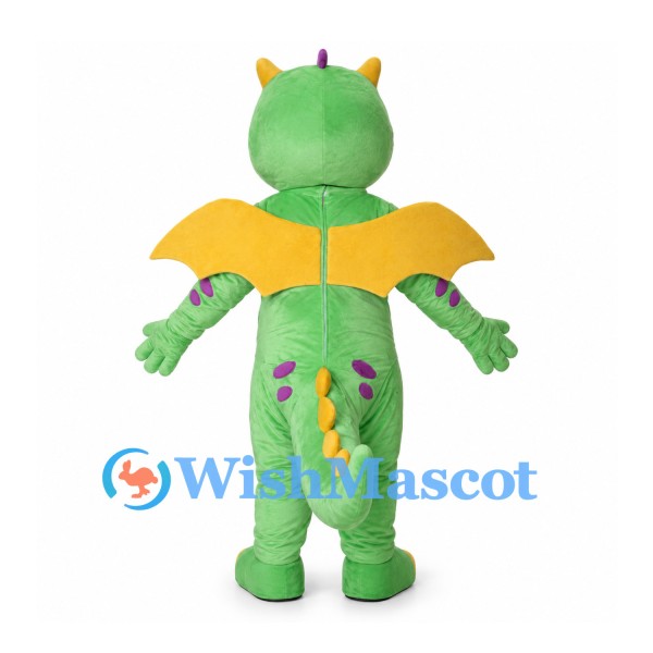 Green Dragon Mascot Costume with Yellow Wings and Purple Spots