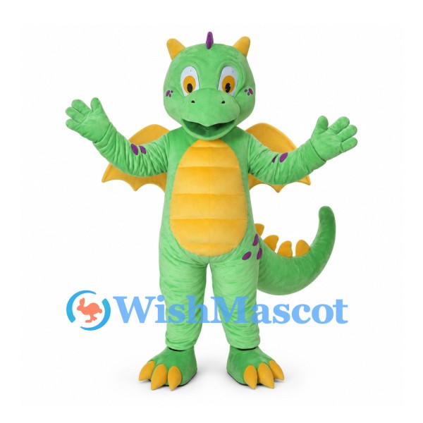 Green Dragon Mascot Costume with Yellow Wings and Purple Spots