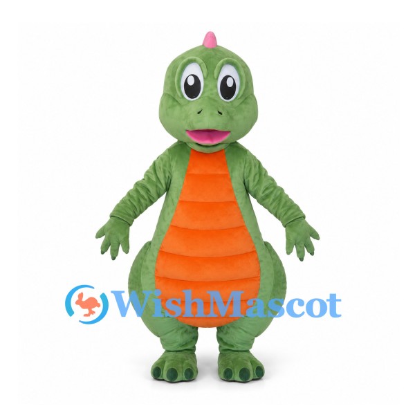 Green Dinosaur Mascot Costume with Orange Belly and Pink Back Spikes