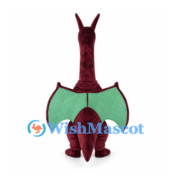 Burgundy Dragon Mascot Costume with Long Neck and Green Wings