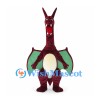 Burgundy Dragon Mascot Costume with Long Neck and Green Wings