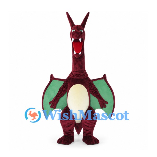 Burgundy Dragon Mascot Costume with Long Neck and Green Wings