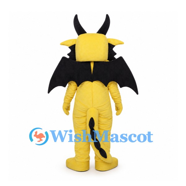 Yellow Dragon Mascot Costume with Black Horns Wings and Belly