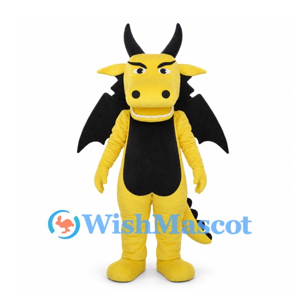 Yellow Dragon Mascot Costume with Black Horns Wings and Belly