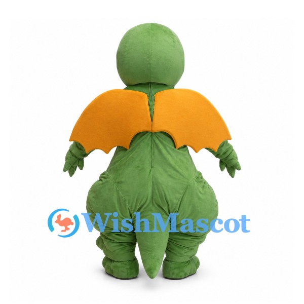 Green Dragon Mascot Costume with Orange Wings and Rounded Yellow Belly