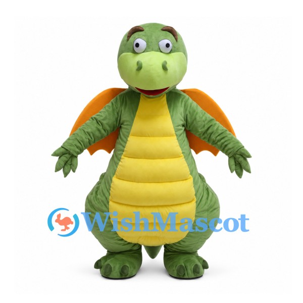 Green Dragon Mascot Costume with Orange Wings and Rounded Yellow Belly