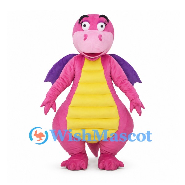 Pink Dragon Mascot Costume with Purple Wings and Yellow Belly