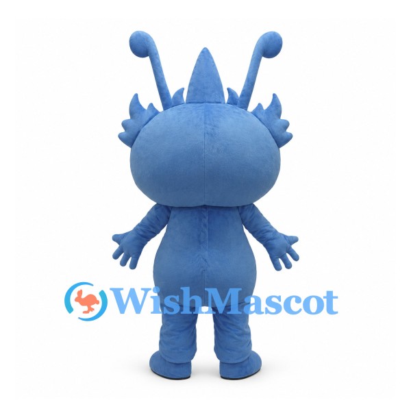 Blue Alien Mascot Costume with Long Antennae and Small Fangs