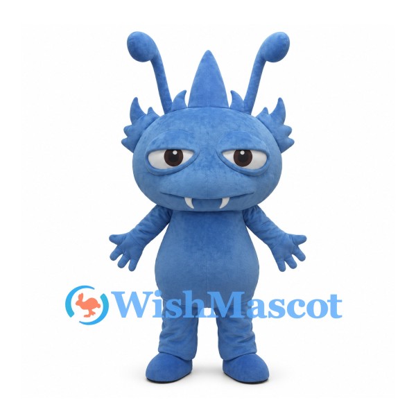 Blue Alien Mascot Costume with Long Antennae and Small Fangs