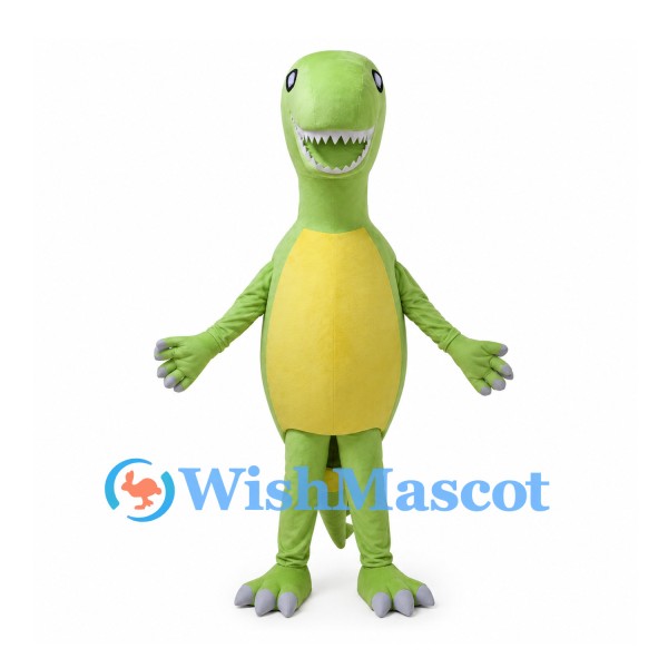 Green Tyrannosaurus Mascot Costume with Yellow Belly and Toothy Grin