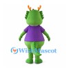 Green Dragon Mascot Costume with Orange Antlers and Purple Shirt
