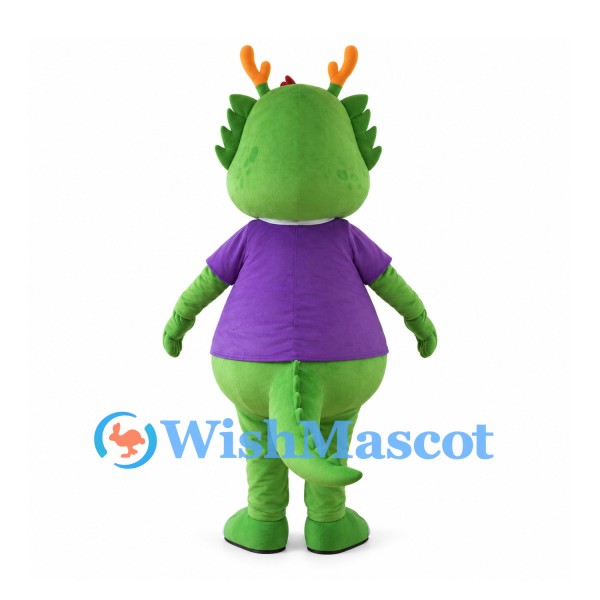 Green Dragon Mascot Costume with Orange Antlers and Purple Shirt