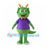 Green Dragon Mascot Costume with Orange Antlers and Purple Shirt