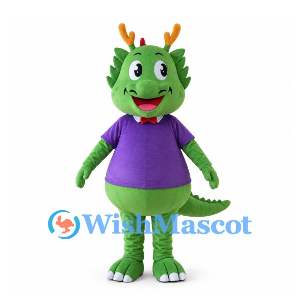 Green Dragon Mascot Costume with Orange Antlers and Purple Shirt