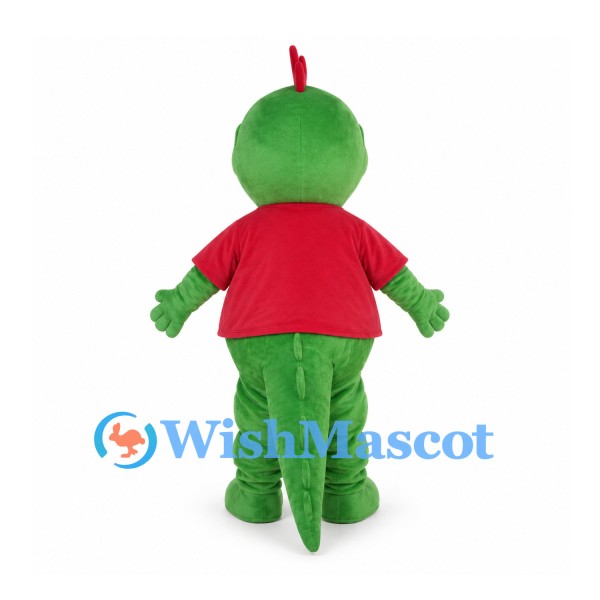 Green Dinosaur Mascot Costume with Red Shirt and Head Crest