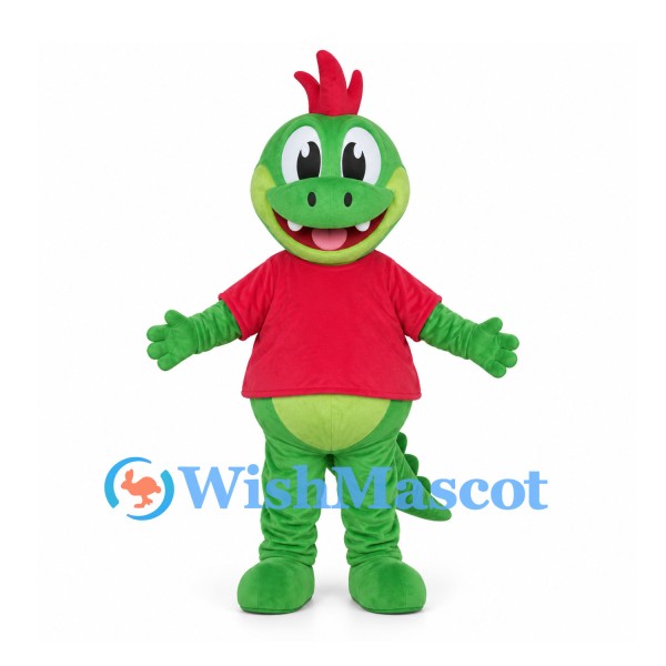 Green Dinosaur Mascot Costume with Red Shirt and Head Crest