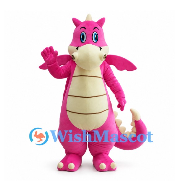 Pink Dragon Mascot Costume with Cream Belly and Long Spiked Tail