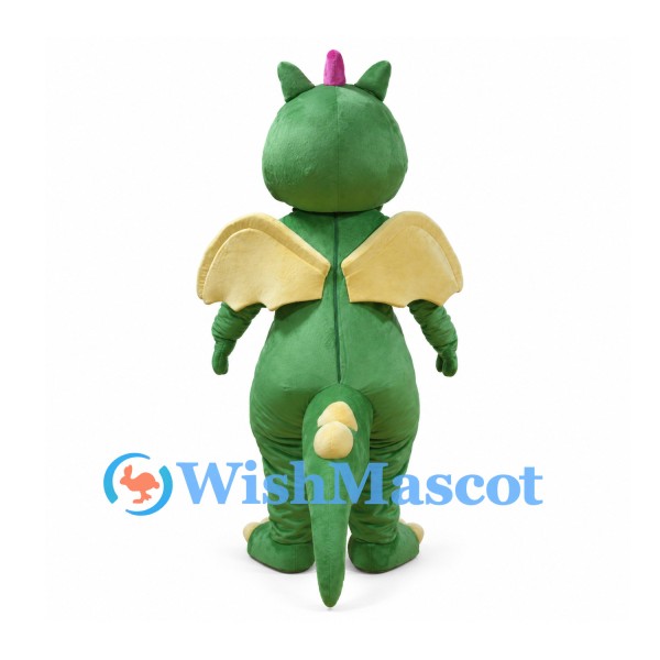 Green Dragon Mascot Costume with Cream Wings and Pink Forehead Horn