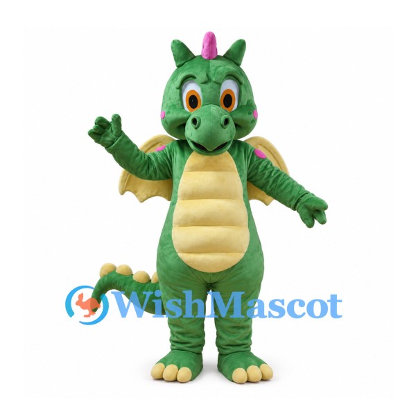 Green Dragon Mascot Costume with Cream Wings and Pink Forehead Horn